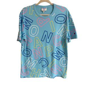 Champion Men's Heritage Tee All Over Block Logo Blue Horizon/Word Soup GUC